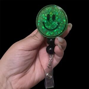 Green Glitter Smiley Face Badge reel